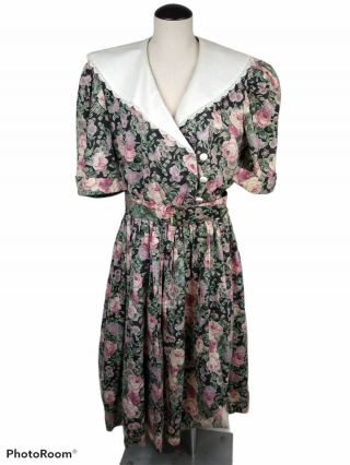 Vintage A - Line Floral Dress Lace Large Collar Cottage Midi Belted Sz Xl ?