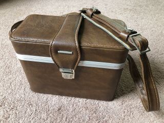 Vintage Brown Leather Camera Bag Hard Case Luggage Clutch Shoulder Strap 80s