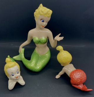 Vintage 1950’s Ceramic Home Studio Mermaid And Babies Set Of 3
