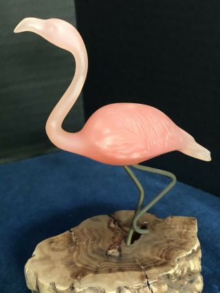 John Perry Pink Flamingo Sculpture On Burl Wood Artist Signed Vintage 86