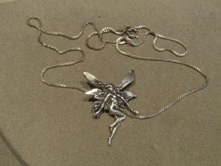 Vintage Art Deco Sterling Silver Repousse Fairy Pendant Chain Necklace 18 "