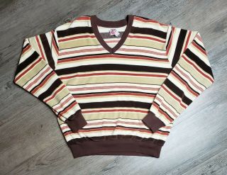 Vtg 70s Campus Velour Striped Made In U.  S.  A.  Pullover V Neck Sweater L