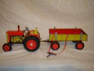 Vintage Zetor Tin Litho Wind - Up Tractor With Trailer And Key