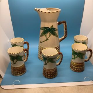Vintage Ceramic Ice Tea Pitcher With 5 Glasses Palm Tree & Handle