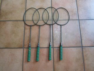 Set Of 4 Vntg Spalding Badminton Racquets Black Metal Head & Shaft Wrapped Grips