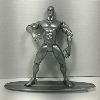 Vintage Silver Surfer Action Hero Figurine 7” Inches Tall 8” Surfboard Singlefin