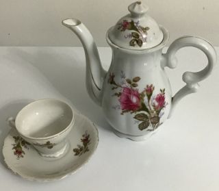 Vintage Fred Roberts Red Rose China Mini Tea Pot And Cup & Saucer
