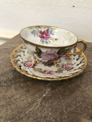 Vintage Teacup And Saucer Pierced Gold Trim Pink Rosas 3 Footed