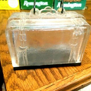 Vintage Antique Glass Suitcase Candy Container With Metal Tin Slide Base Closure