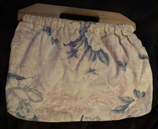 Vintage Knitting Sewing Bag Wood Handles Fabric Floral Embroidery Tote Adorable