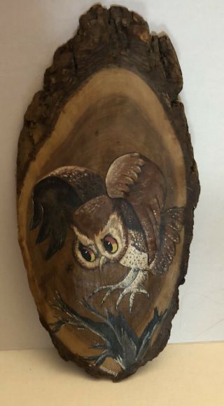 Folk Art Wood Slice Owl Hand Painted 15”h Vintage Rustic