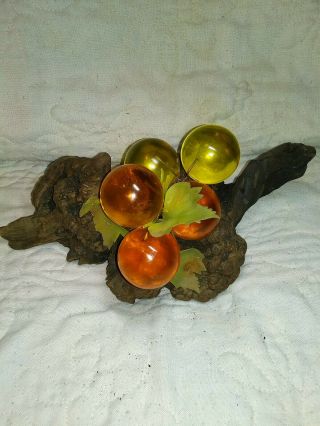 Vintage Mcm Lucite Grape Cluster On Driftwood Huge Amber Yellow Grapes 1&5/8 "