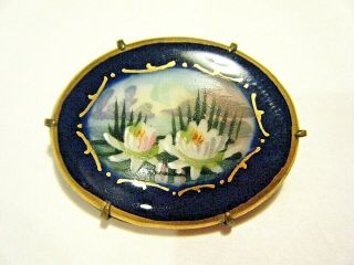 Vintage 1930s Limoges Cobalt Porcelain France Hand Painted Water Lily Pond Pin