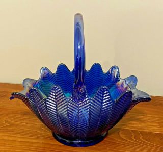 Vintage L.  E.  Smith Carnival Art Glass Cobalt Blue Handled Feather Bowl 1980 