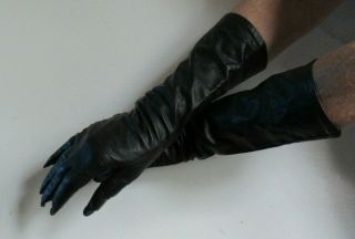 Vintage Ladies Kid Leather Long Black Gloves French Silk Lined