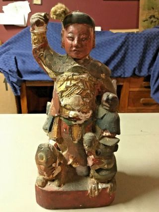 Antique Chinese Carved Wood Warrior Statue,  All Orig Paint/ploychrome,  Foo Dogs