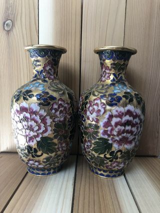 Vintage Antique Chinese Champleve Cloisonné Floral Flowers Vase Urn Set Pair