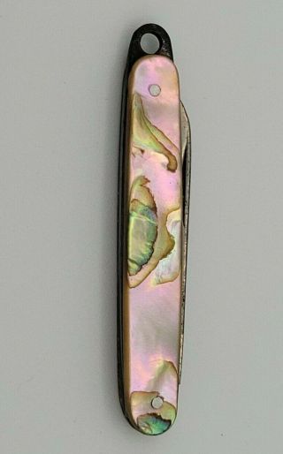 Vintage Abalone Shell Mini Pocket Knife Pendant Watch Fob Iridescent Keychain
