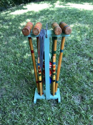 Vintage Wooden Croquet Set With Stand