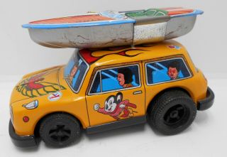 Mighty Mouse Mini Cooper With Boat Vintage Friction Tin Toy Yone Japan