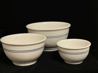 Vintage Gibson Everyday Stoneware Nesting Mixing Bowl Set White Blue Striped
