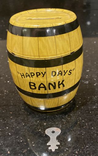 Vintage J.  Chein " Happy Days " Metal Barrel Bank With Key