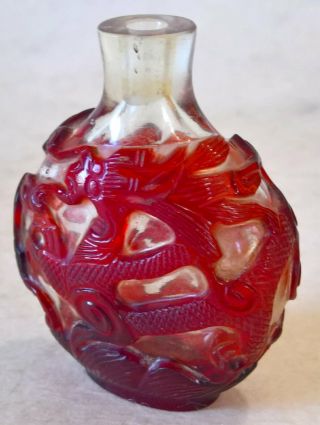 Vintage Chinese Snuff Bottle – Hand Carved Red Glass Overlay = Dragon / Luck