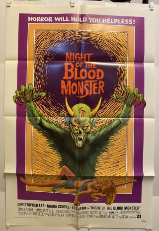 Vintage 1972 Night Of The Blood Monster One Sheet Folded Poster.  27” X 41”