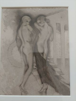 Vintage Art Deco Framed Etching/print (?) Of Two Nude Women – No Signature