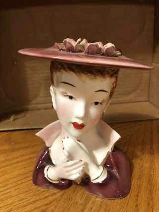 Vintage Lady Head Vase - Lefton 70565 - 5.  5 Maroon Dress Stunner Lhv