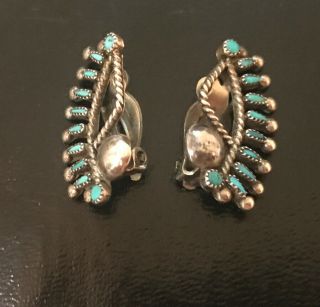 Vintage Zuni Sterling Silver Turquoise Needlepoint Petit Point Clip Earrings