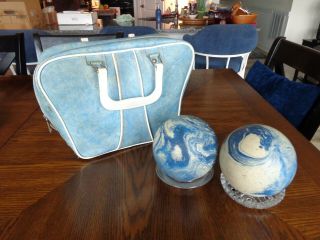 Vintage Blue White Swirl Duckpin Bowling Ball Set With Vinyl Carrying Bag