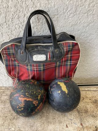 To Manhattan Rubber Duckpin Bowling Balls,  Vintage,  Plaid Carrying Bag