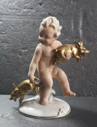 Vintage Carl Scheidig Germany Porcelain Boy With Pigs Figurine
