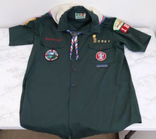 Vintage Boy Scout Bsa Dark Green Shirt Youth Eagle With Patches Pins Neck Scarf