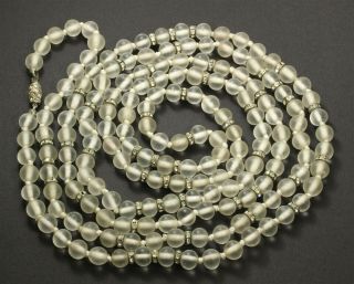 Vintage Art Deco Long Hand Knotted Frosted Camphor Glass Bead Necklace 60 "