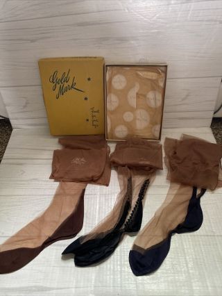 3 Pair Flat Knit Reinforced Black Foot Fancy Vintage 50s Nylon Stockings Hosiery