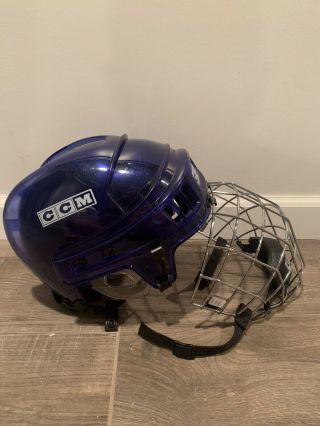Vintage Ccm Rare Clear Blue Hockey Helmet Size M - L W/ 480 Type 1 Chrome Cage