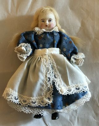Antique Small Bisque Doll With Blonde Hair And Blue Eyes 4 1/2”