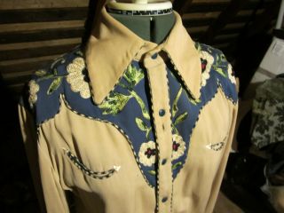 Fancy Vintage 1950s Gabardine Cowboy Shirt W Embroidery Piping Stitching Mens S