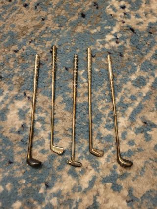 Vintage Set Of 5 Silver Plated Golf Club Cocktail Drink Stirrers Swizzle Sticks