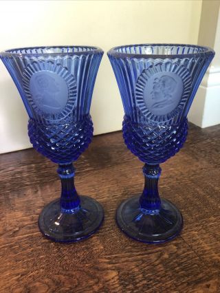 Vintage Avon Fostoria Cobalt Blue Glass Goblet George & Martha Washington Set 2