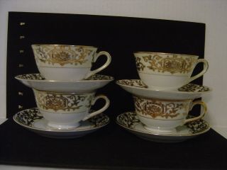 Vintage Set Of Four Kyoto Regina Gold Encrusted Porcelain Cups And Saucers