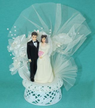 Vtg 1986 Bakery Crafts Wedding Cake Topper Bride Groom W/ Tulle Flower Hong Kong