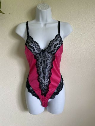 Vintage 70s Nylon Bodysuit Hot Pink/black Lace Teddy Camisole Sexy Sz M—mint
