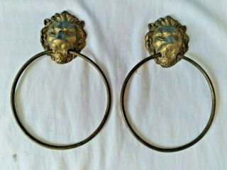 Vintage Brass Lion Head Towel Holder Rings Pair