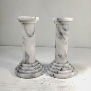 2/set Vtg White Marble Candle Candlestick Holder Pillar 6 " Polished Stone