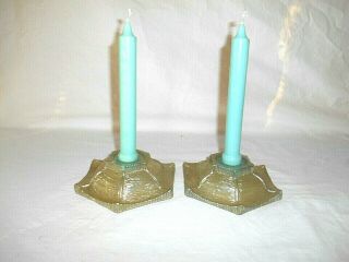 Pair Vintage Aqua Blue Carnival Glass Candle Holders - 6 Sided - Fenton?