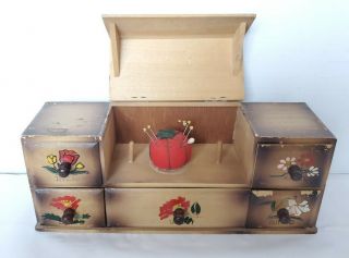 Vintage Japan Wooden Sewing Box With Drawers Painted Flowers 11 " X 4 " Read