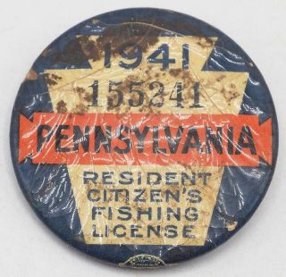 1941 Pa Pennsylvania Fishing License Resident Button Vintage W/ Papers